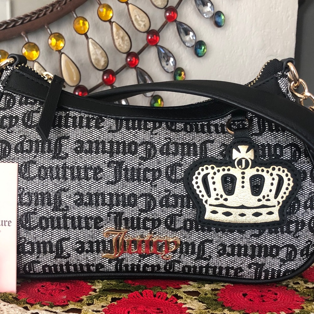 NWT Juicy Couture Black Beige Fresh Take Shoulder Handbag w/Gold Crown Charm